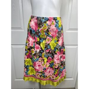 J. Jill Womens Skirt 100% Linen Small Petite Floral Pink Green Ruffle Hem